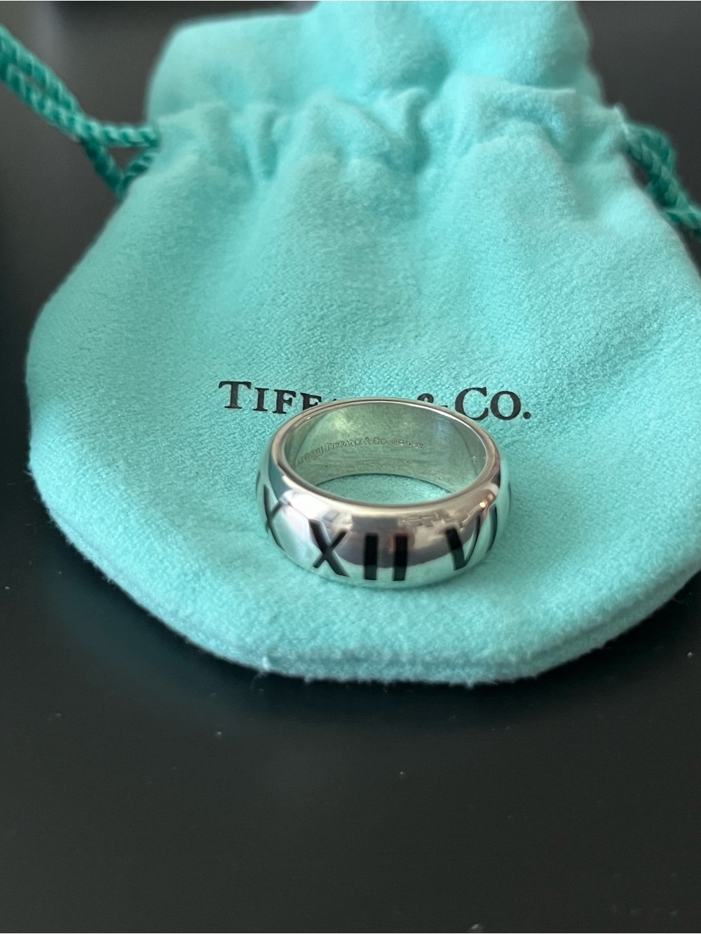 Tiffany & Co. Silver Atlas Black Enamel Ring Sz 6.5